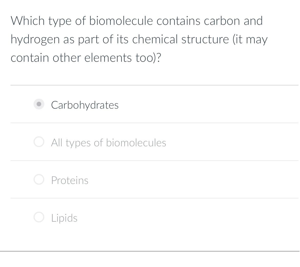 Solved Which type of biomolecule contains carbon and