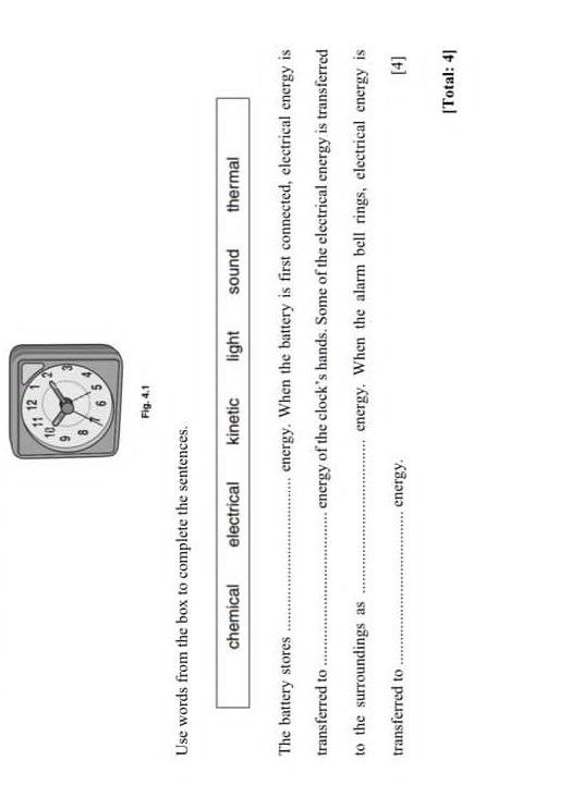 D
CO
2
Fig. 4.1
Use words from the box to complete the sentences.
chemical
electrical
kinetic light sound thermal
The battery