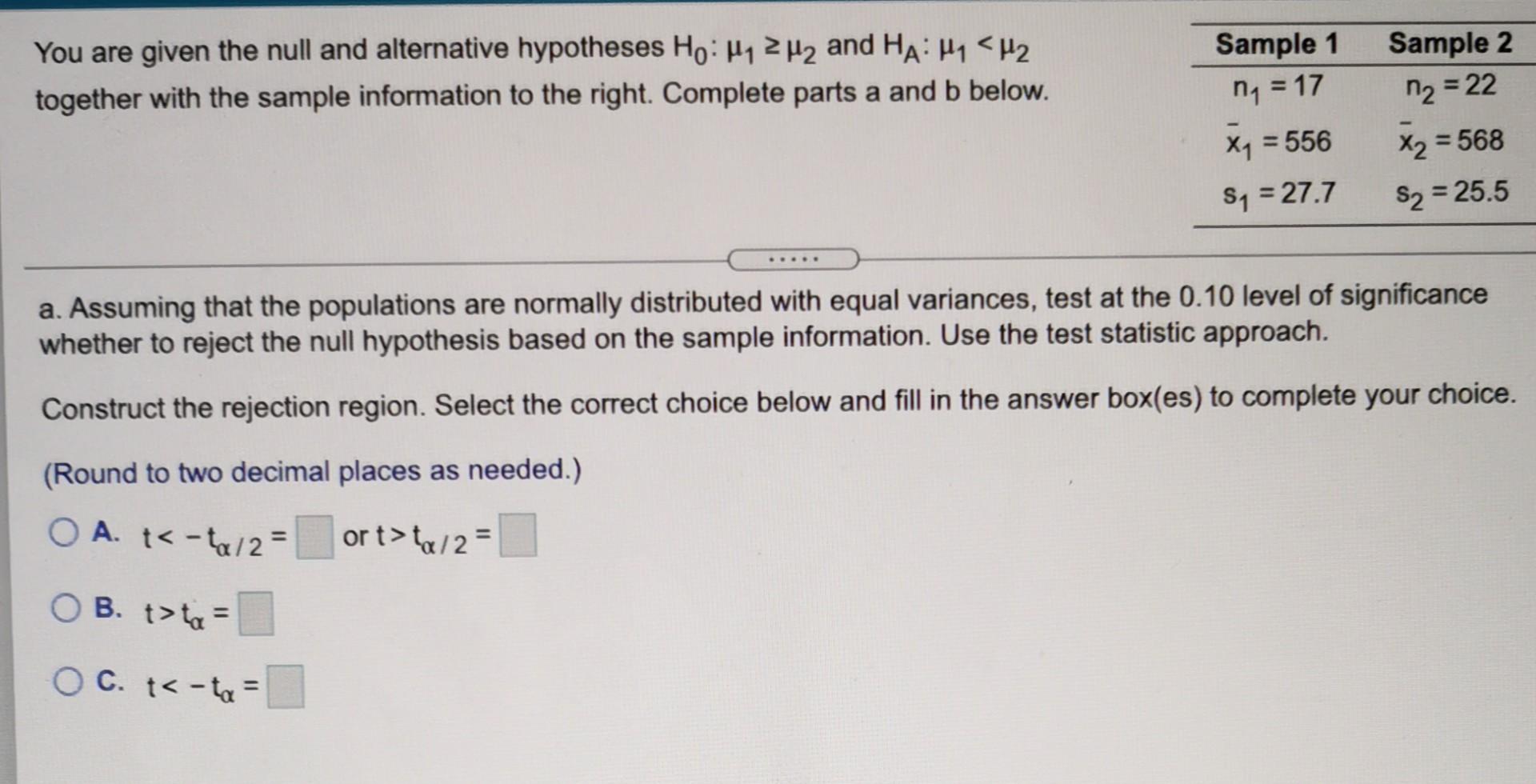 Solved Sample 1 Sample 2 You are given the null and | Chegg.com