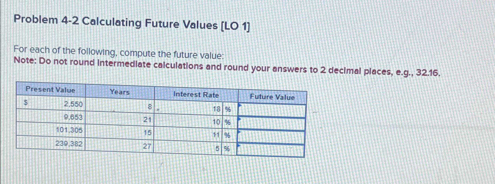 Solved Problem 4-2 ﻿Calculating Future Values [LO 1]For each | Chegg.com