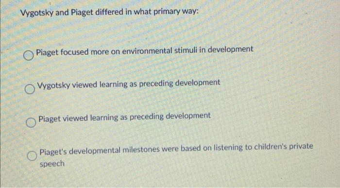 Solved Vygotsky and Piaget differed in what primary way Chegg