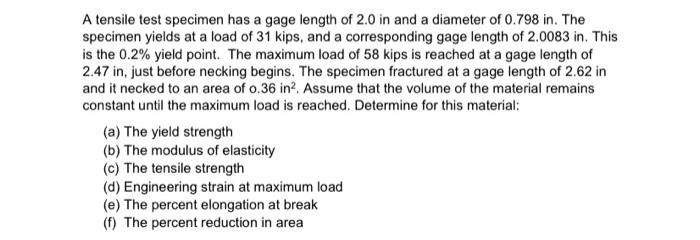 Solved A tensile test specimen has a gage length of 2.0 in | Chegg.com