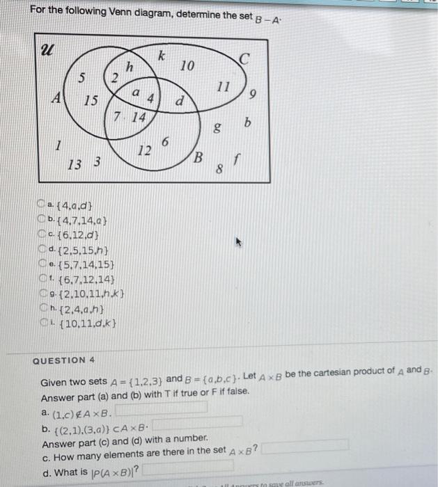 Solved For The Following Venn Diagram, Determine The Set B-A | Chegg.com