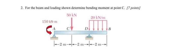 2. For the beam and loading shown determine bending moment at point C. [7 points]