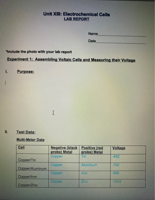 Solved Unit XIII Electrochemical Cells LAB REPORT Name Date