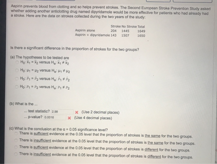 Solved Aspirin prevents blood from clotting and so helps