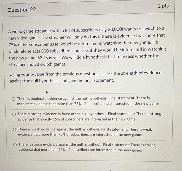 Solved 2 pts Question 22 A video game streamer with a lot of | Chegg.com