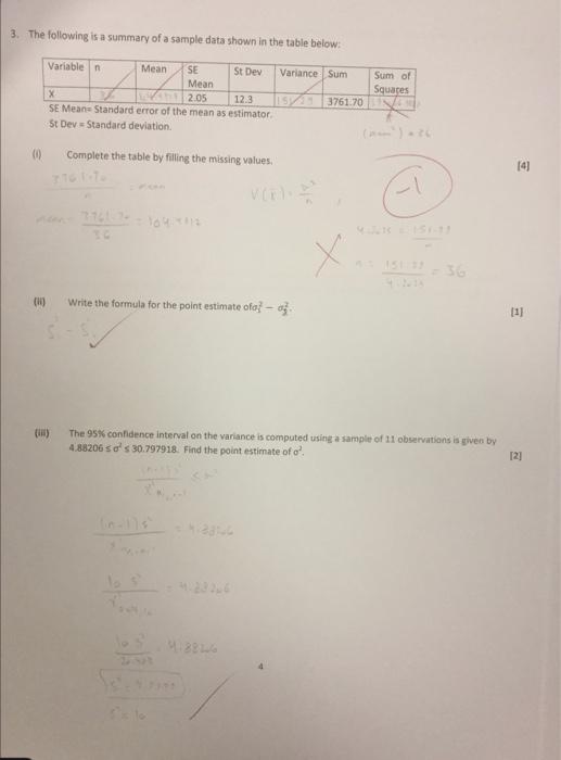 Solved 3. The following is a summary of a sample data shown | Chegg.com