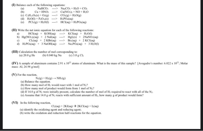 Solved (1) Balance Each Of The Following Equations: NaHCO3 | Chegg.com