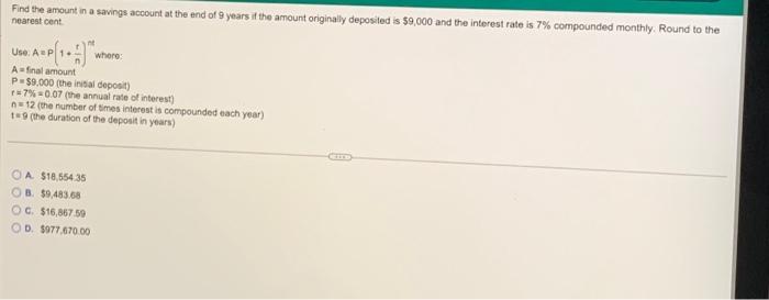 Solved Find the amount in a savings account at the end of 9 | Chegg.com