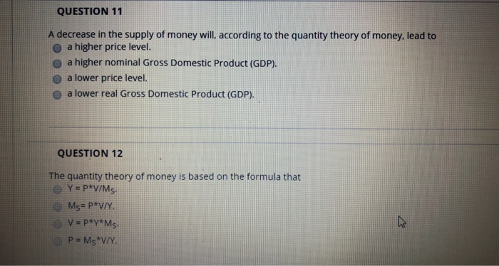 Solved QUESTION 11 A Decrease In The Supply Of Money Will, | Chegg.com