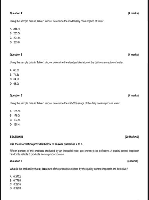 Question 4
Using the sample data in Table 1 above, determine the modal daily consumption of water.
A 246.11
B 233.5
C 224.90
