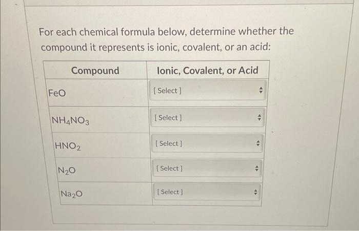 For each chemical formula below, determine whether the compound it represents is ionic, covalent, or an acid: