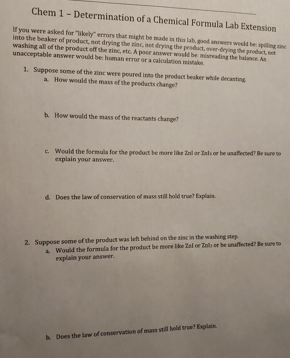 Solved Chem 1 Determination of a Chemical Formula Lab