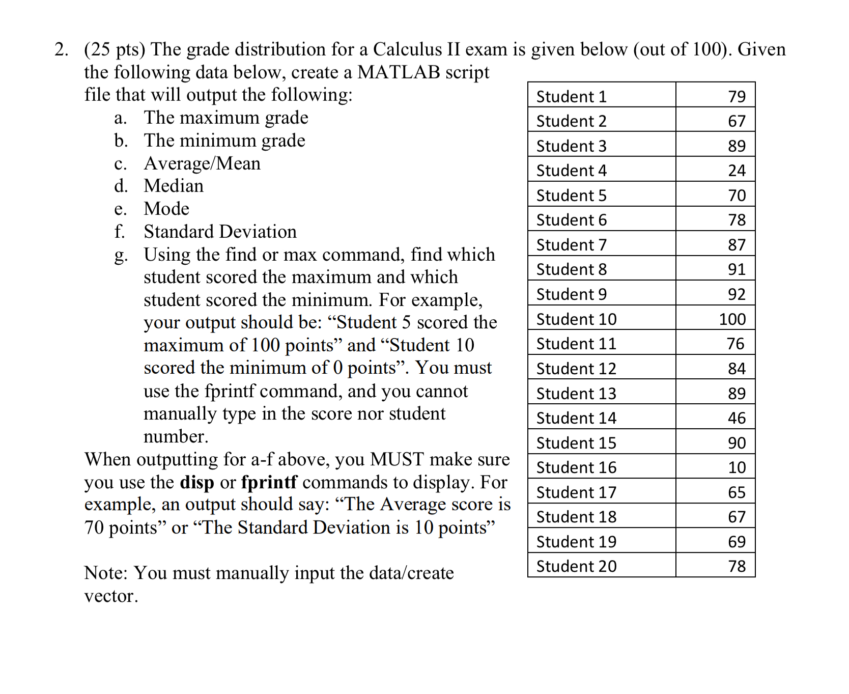Solved PLEASE CODE ON MATLAB The grade distribution for a | Chegg.com