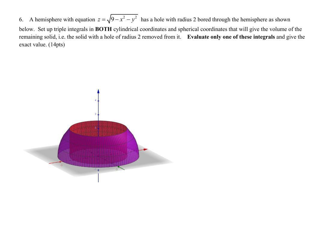 Solved 6. A hemisphere with equation z=9−x2−y2 has a hole