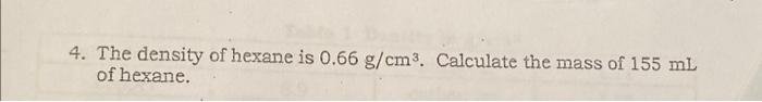 Solved 4. The density of hexane is 0.66 g/cm3. Calculate the | Chegg.com