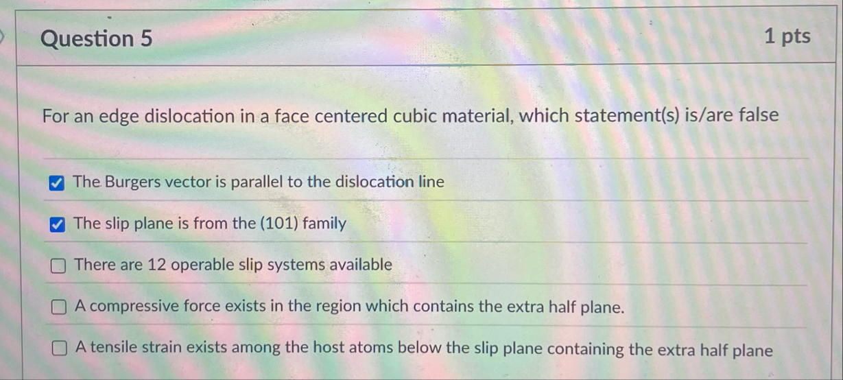 Solved Question 51 ﻿ptsFor an edge dislocation in a face | Chegg.com