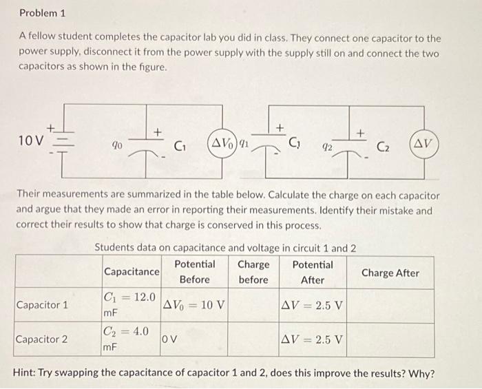 [Solved] Problem 1 A fellow student completes the capacitor