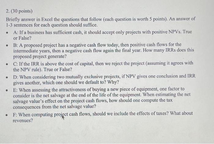 Solved 2 30 Points Briefly Answer In Excel The Questions