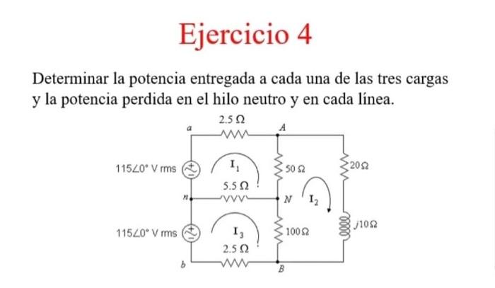 Determinar la potencia entregada a cada una de las tres cargas y la potencia perdida en el hilo neutro y en cada línea.