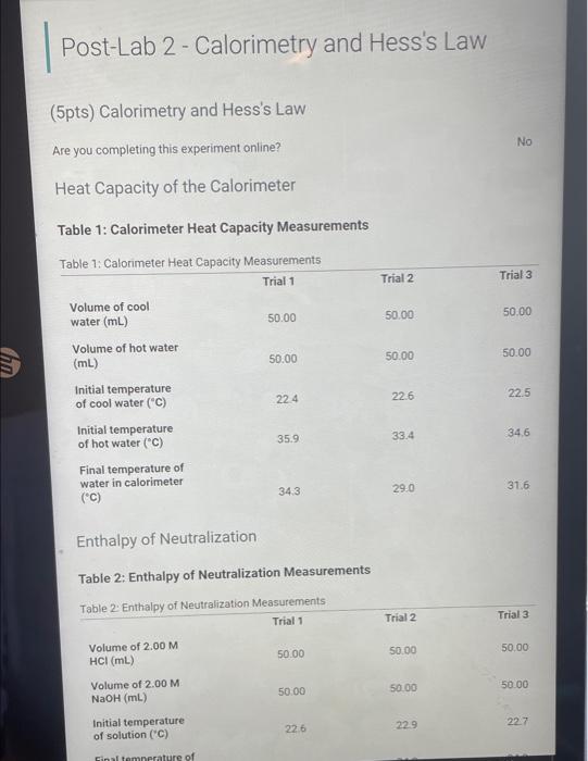 Solved PostLab 2 Calorimetry and Hess's Law (5pts)