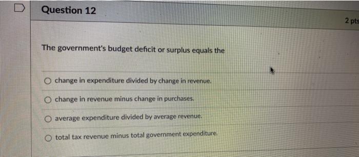 Solved Question 12 2 pts The government's budget deficit or | Chegg.com