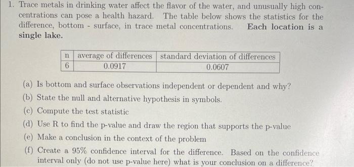 Solved 1. Trace metals in drinking water affect the flavor | Chegg.com