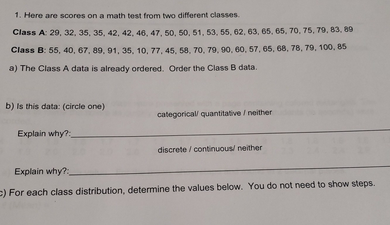 Solved Here are scores on a math test from two different | Chegg.com