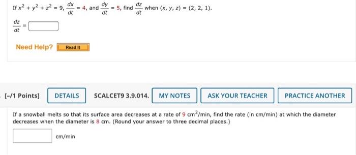 Solved If X2 Y2 Z2 9 Dx Dt Dy Dz And 5 Find When