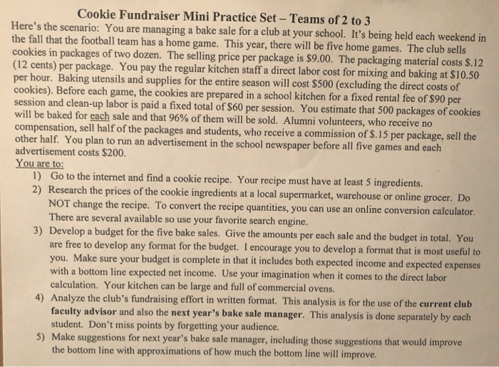 Cookie Fundraiser Mini Practice Set - Teams of 2 to 3