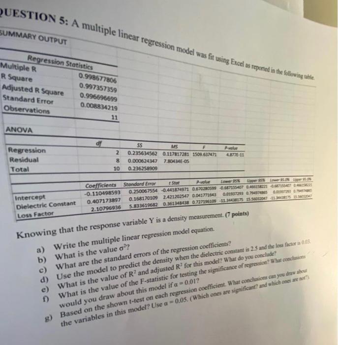 Solved UESTION 5: A multiple linear regression model was fit | Chegg.com