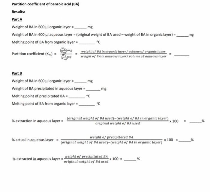 Partition coefficient of benzoic acid (BA) Results