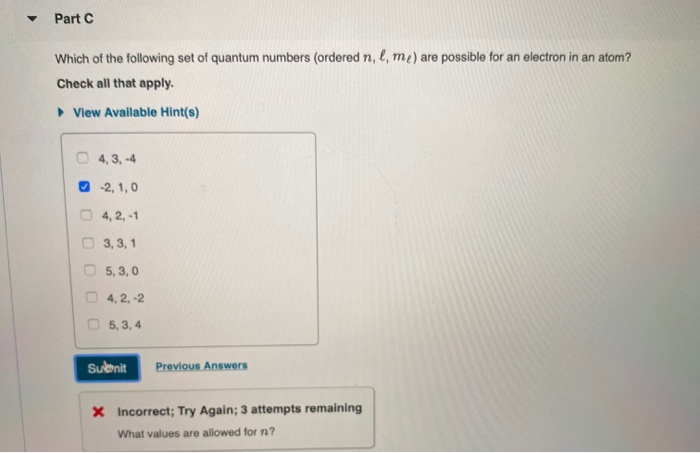 Solved Part Which Of The Following Set Of Quantum Numbers | Chegg.com