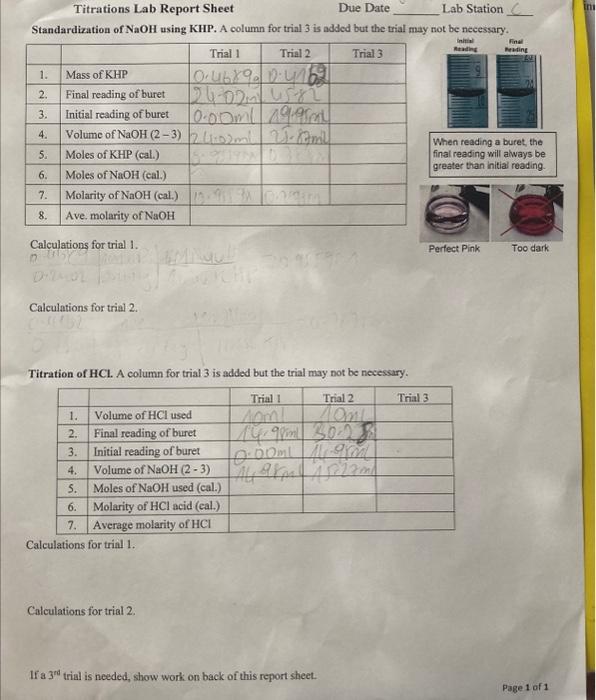 Solved Titrations Lab Report Sheet Due Date Lab Station