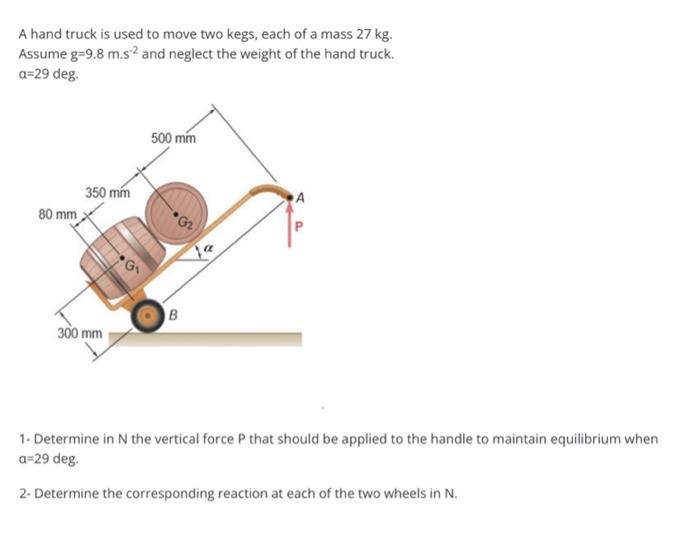 Solved A hand truck is used to move two kegs, each of a mass