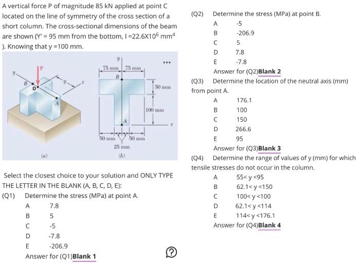 Solved A vertical force P of magnitude 85kN applied at point