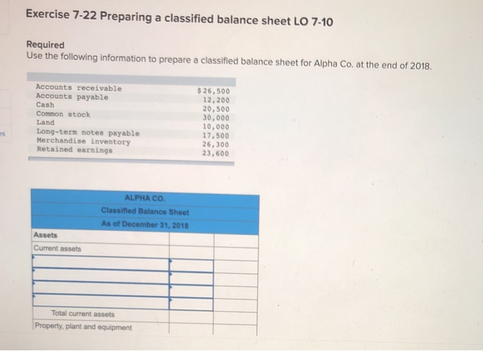 Solved Exercise 7-22 Preparing a classified balance sheet LO | Chegg.com