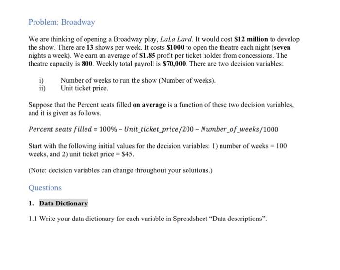 Solved Problem: Broadway We are thinking of opening a | Chegg.com