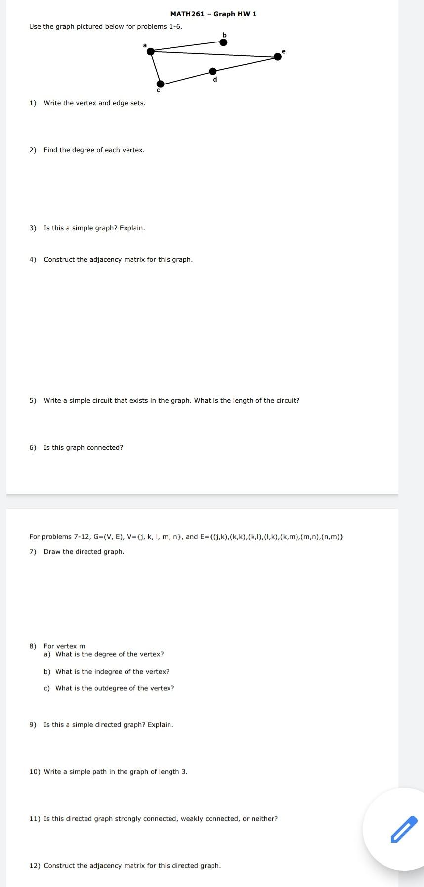 Solved MATH261 - Graph HW 1 Use the graph pictured below for | Chegg.com
