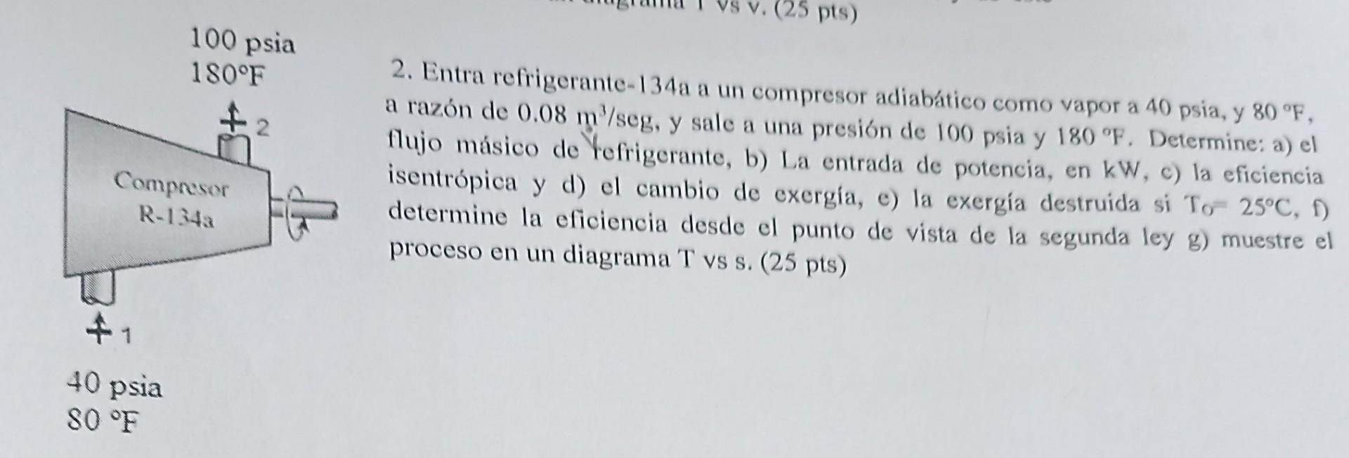 100 osia 2. Entra refrigerante-134a a un compresor adiabático como vapor a \( 40 \mathrm{psia} \), y \( 80^{\circ} \mathrm{F}