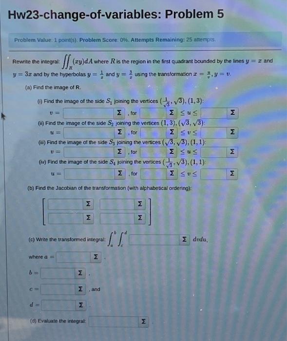 Solved Hw23-change-of-variables: Problem 5 Problem Value: 1 | Chegg.com