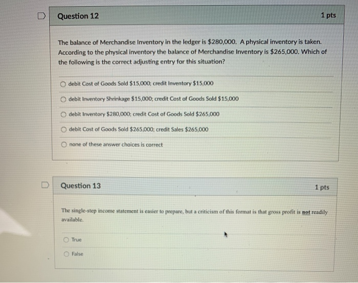 Solved D Question 12 1 pts The balance of Merchandise | Chegg.com