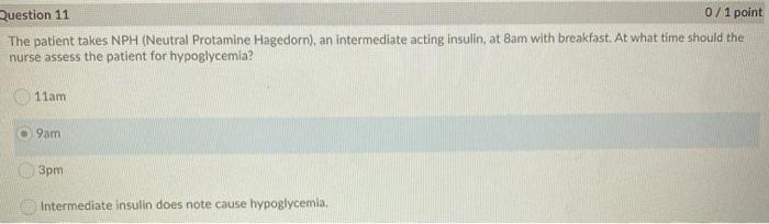 Question 11 0/1 point The patient takes NPH (Neutral Protamine Hagedorn), an intermediate acting insulin, at 8am with breakfa