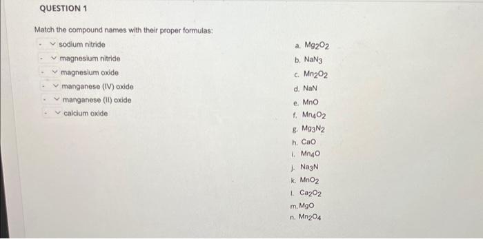 Match the compound names with their proper formulas:
sodium nitride
magnesium nitride
magnesium oxide
manganese (IV) oxide
ma