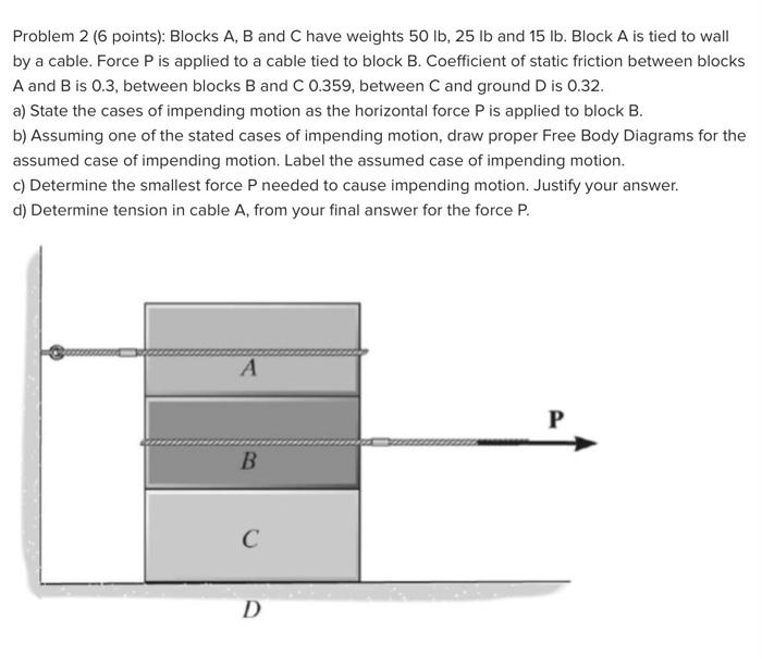 Solved Problem 2 (6 points): Blocks A, B and C have weights | Chegg.com