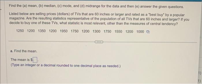 Solved Find The (a) Mean, (b) Median, (c) Mode, And (d) | Chegg.com