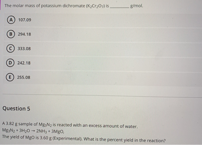 Solved The molar mass of potassium dichromate (K2Cr2O7) is | Chegg.com