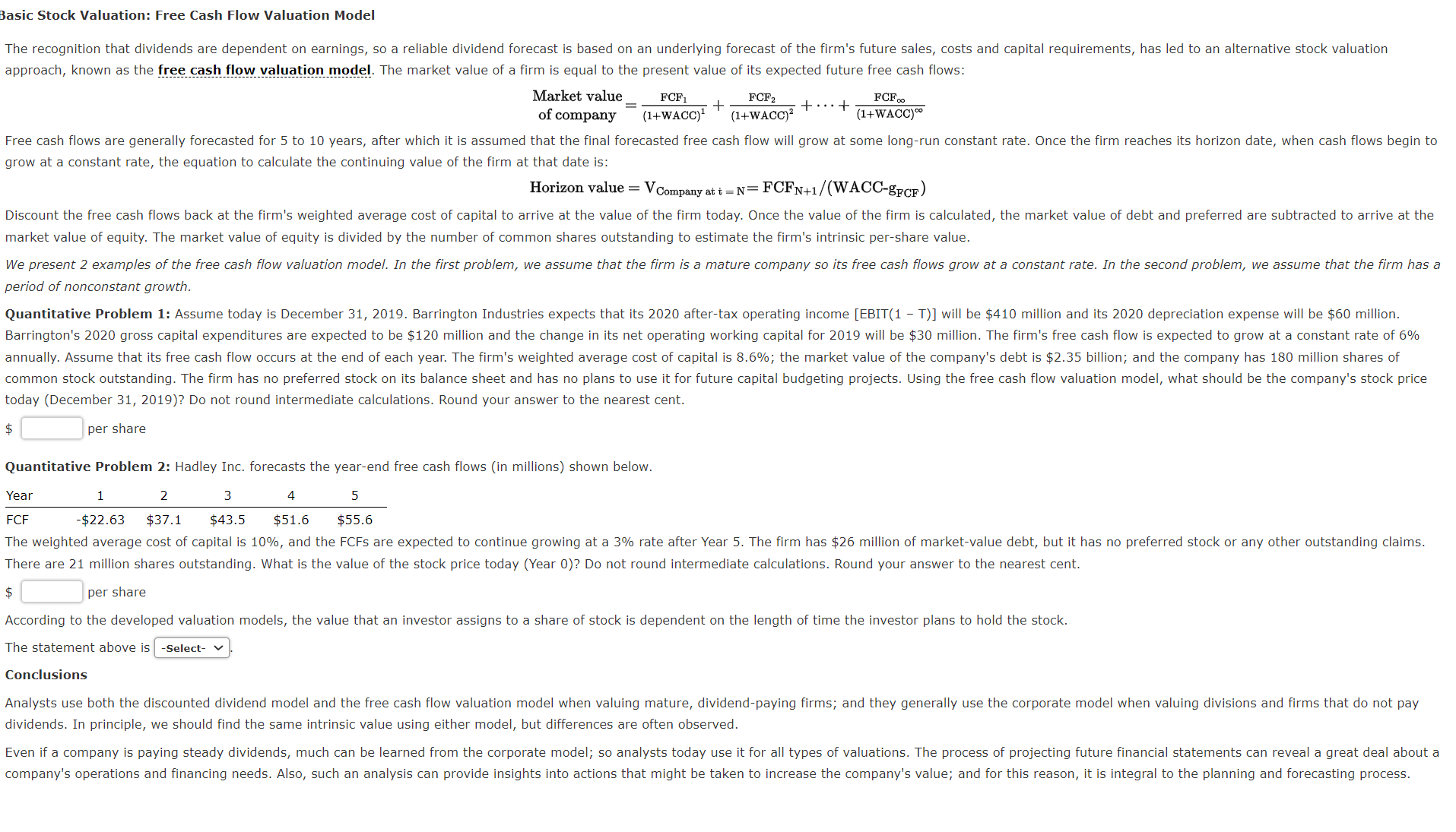 Solved Basic Stock Valuation Free Cash Flow Valuation Chegg