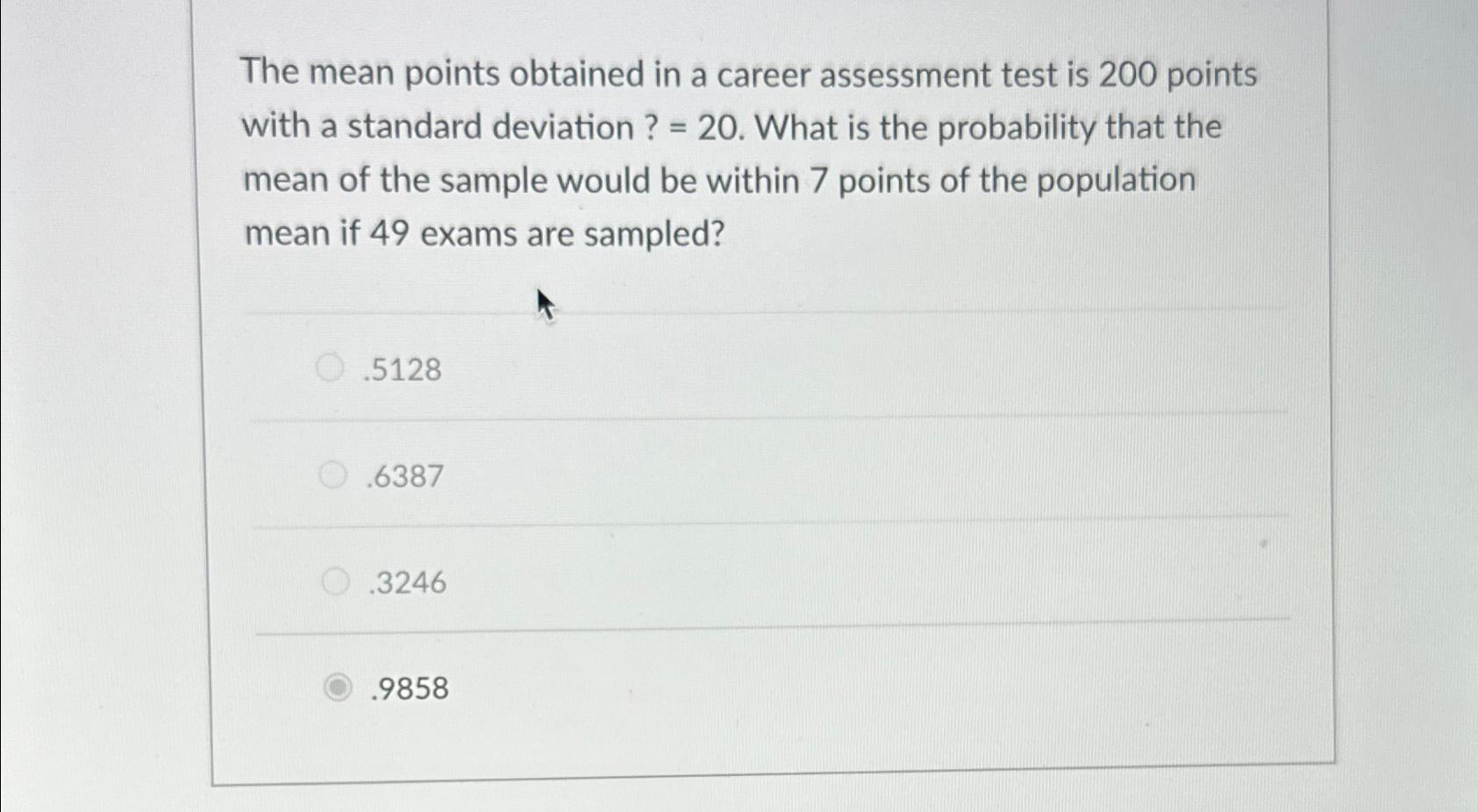 Solved The mean points obtained in a career assessment test | Chegg.com